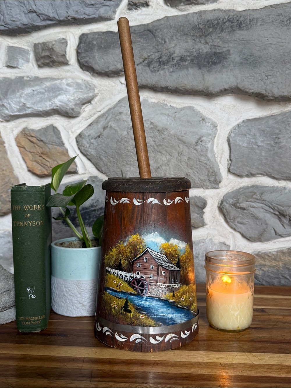 Vintage 17” Hand Painted Wood Butter Churn - Mill Scene by Marie Roth Folk Art